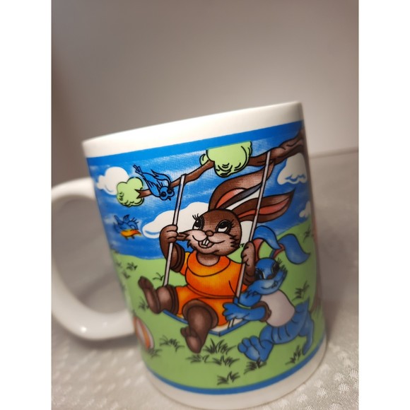 Bunnies On A Swing Ceramic Coffee Cup/Mug Sherwood Brands - Picture 1 of 6